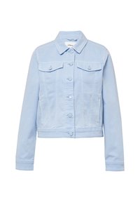 Veste en denim bleu clair à manches longues, avec deux poches poitrine et fermeture à boutons à l'avant. Elle présente une coupe structurée et des détails de couture visibles.