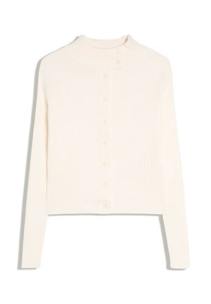 Cardigan en maille couleur crème à manches longues avec un col montant côtelé et une fermeture boutonnée devant au centre.