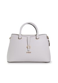 Borsa a mano grigia chiara in pelle sintetica, con accessori dorati, una forma strutturata, doppi manici e chiusura con zip.