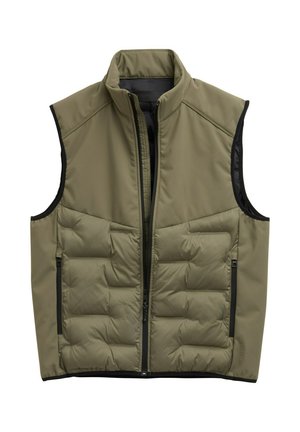 Gai olīvu zaļa polsterēta bezpiedurkņu veste ar melnu rāvējslēdzēju un rāvējslēdzēju sānu kabatām, stāvošs apkakle un melna iekšējā oderējums.