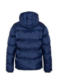 Giacca puffer blu navy con cappuccio, caratterizzata da un motivo trapuntato, polsini elastici e una finitura liscia e lucida. Solo vista posteriore.