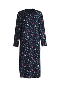 Nightgown a maniche lunghe in tessuto blu navy con un motivo festivo di soldatini, fiocchi di neve e verdeggianti, dotato di un colletto rotondo e chiusura con bottoni.