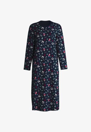 Long-sleeve nightgown in navy fabric featuring a festive pattern of nutcrackers, snowflakes, and greenery, with a round neck and button front.