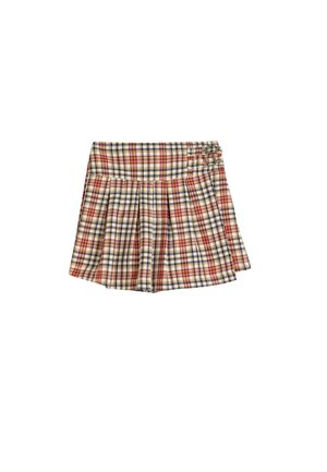 Geruite rok in beige, rode en blauwe tinten met een geplooid ontwerp. Voorzien van een brede tailleband en twee decoratieve gespen aan één kant.