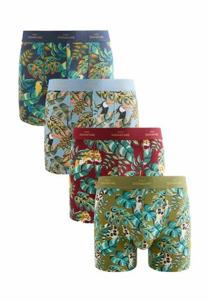 Vier Paare Männer-Boxershorts mit tropischen Tier- und Blattmustern in Blau, Hellblau, Rot und Olivgrün, gekennzeichnet als Next Signature.