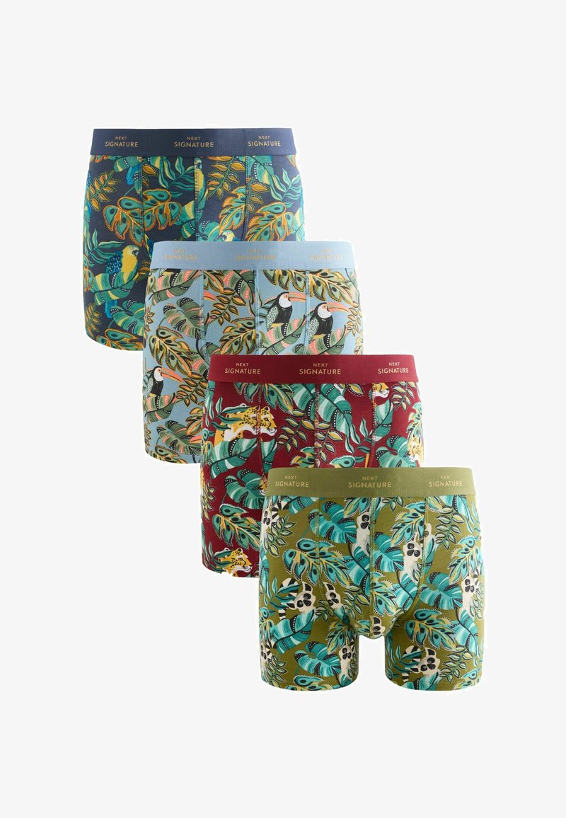 Négy pár férfi boxer alsó, trópusi állat- és levélmintákkal, kék, világoskék, piros és olívazöld színekben, Next Signature felirattal.