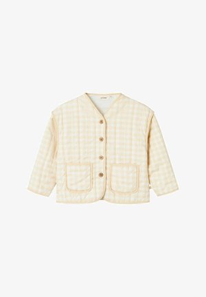 Quiltet jakke i et gult og hvitt rutemønster. Har en rund krage, fem treknapper og to frontlommer. Myk tekstur.