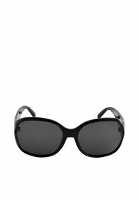 Occhiali da sole neri con montatura oversize e rotonda. Lenti scure e finitura lucida. Presentano sottili accenti dorati sulle aste.