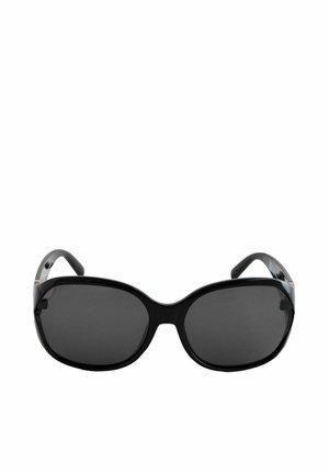 Schwarze Sonnenbrille mit übergroßen, abgerundeten Rahmen. Dunkle Gläser und glänzende Oberfläche. Verfügt über dezente goldfarbene Akzente an den Bügeln.