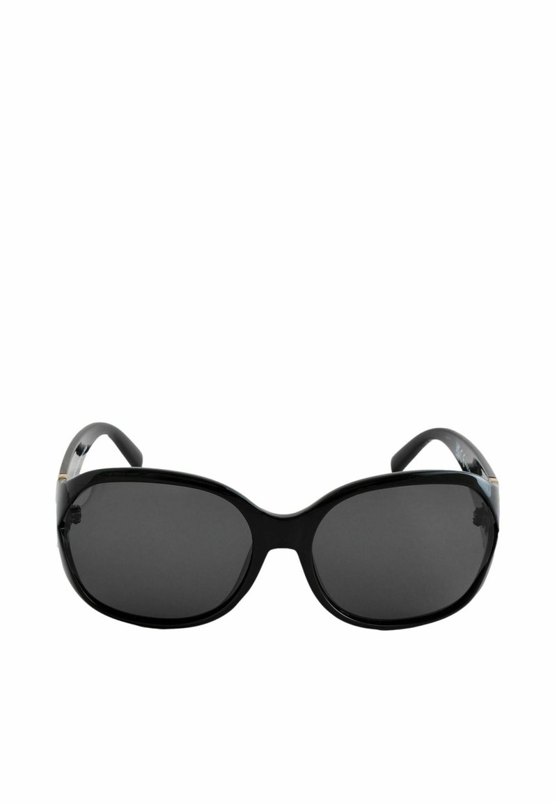 Schwarze Sonnenbrille mit übergroßen, abgerundeten Rahmen. Dunkle Gläser und glänzende Oberfläche. Verfügt über dezente goldfarbene Akzente an den Bügeln.