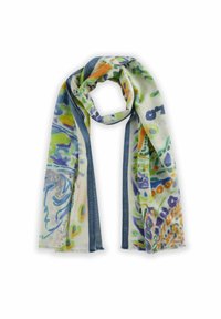 Écharpe légère avec un imprimé abstrait coloré dans des nuances de vert, bleu et orange, avec une bordure en denim le long des bords.