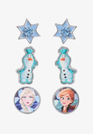Orecchini a forma di fiocco di neve e con personaggi, dotati di hardware in argento, smalto azzurro chiaro, un'immagine di un pupazzo di neve e ritratti circolari di due personaggi.