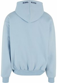 Light blue hoodie made from soft fabric, featuring a ribbed hem and cuffs, with "KARL KANI" embroidered on the back of the hood.