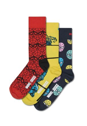 Drei Paar Socken: rot mit schwarzem Spinnennetzdesign, gelb mit blauer Figur und marineblau mit bunten Spinnenköpfen. Material aus Baumwollmischung.