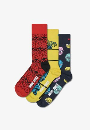 Drei Paar Socken: rot mit schwarzem Spinnennetzdesign, gelb mit blauer Figur und marineblau mit bunten Spinnenköpfen. Material aus Baumwollmischung.