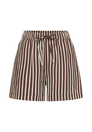 Pantalones cortos a rayas verticales marrones y blancas con cintura elástica y cordón frontal ajustable, de longitud hasta la rodilla.