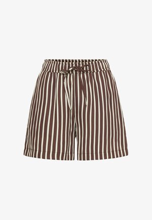 Pantalones cortos a rayas verticales marrones y blancas con cintura elástica y cordón frontal ajustable, de longitud hasta la rodilla.