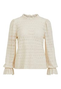Koronkowa bluzka z długim rękawem w kolorze kremowym, z falbaniastym dekoltem, kwiatowymi wzorami i rozszerzonymi mankietami, o teksturowanym wykończeniu.
