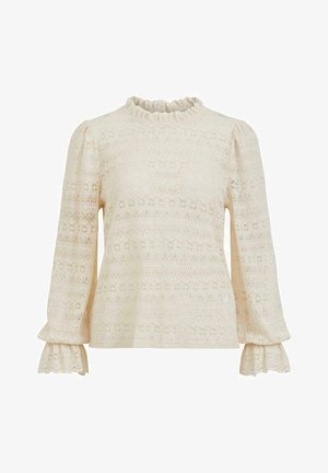 Koronkowa bluzka z długim rękawem w kolorze kremowym, z falbaniastym dekoltem, kwiatowymi wzorami i rozszerzonymi mankietami, o teksturowanym wykończeniu.