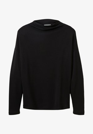 Czarna bluzka z długim rękawem i wysokim, podwiniętym kołnierzem. Wykonana z gładkiego, miękkiego materiału. Charakteryzuje się opuszczanymi ramionami i luźnym krojem.