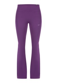 Fioletowe legginsy z dzwonami, wykonane z elastycznego, gładkiego materiału. Posiadają wysoki stan i małe logo po lewej stronie.