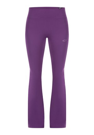 Leggings viola a zampa d'elefante realizzati in un tessuto elasticizzato e liscio. Presentano una cintura alta e un piccolo logo sul lato sinistro.