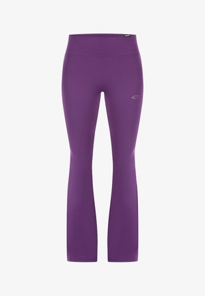 Leggings viola a zampa d'elefante realizzati in un tessuto elasticizzato e liscio. Presentano una cintura alta e un piccolo logo sul lato sinistro.