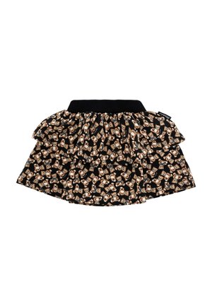 Jupe noire à volants avec un motif de ours répété en beige et marron sur un tissu léger. Taille élastique pour plus de confort.