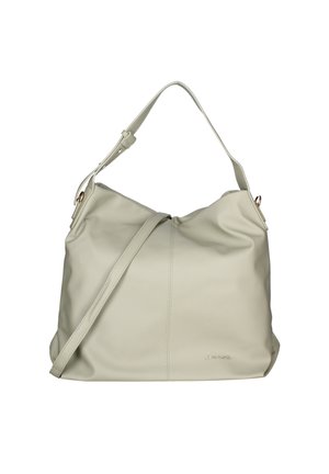 Beige leren schoudertas met een slouchy ontwerp, verstelbare schouderband en diagonale naaddetails. Beschikt over metalen hardwareaccenten.