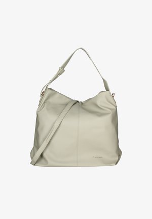 Beige leren schoudertas met een slouchy ontwerp, verstelbare schouderband en diagonale naaddetails. Beschikt over metalen hardwareaccenten.