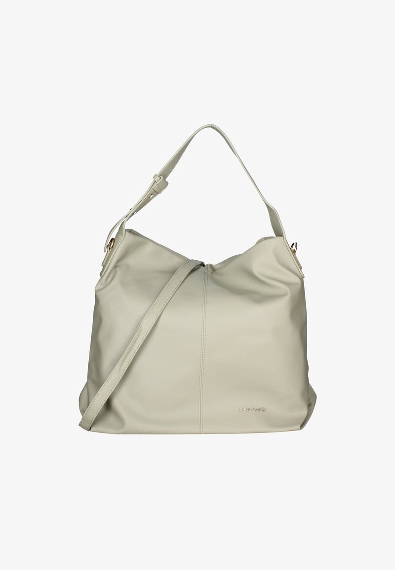 Borsa a spalla in pelle beige con design morbido, tracolla regolabile e dettagli con cuciture diagonali. Presenta accenti in metallo.