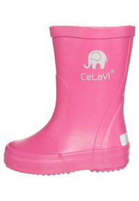 Botte de pluie en caoutchouc rose avec un bout arrondi, semelle texturée et logo blanc représentant un éléphant. Surface lisse et design de hauteur moyenne.