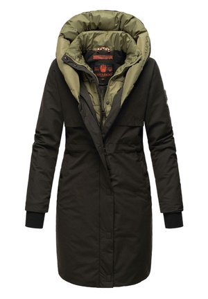 Long black winter coat with a green puffer hood, front zipper, and button accents. Features ribbed cuffs and a fitted waist design.