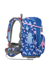 Blue backpack with colorful heart patterns, gray straps, mesh back support, front zipper pocket, and pink hardware accents. Adjustable side straps.
