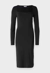 Juoda ilgomis rankovėmis su kvadrato iškirpte, pagaminta iš lygaus audinio, prigludusi forma ir kelių ilgumo sijonu.