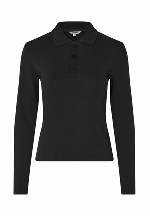 Long-sleeve black polo shirt made of ribbed fabric, featuring a classic collar and three-button placket at the front.