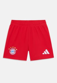 Pantaloni sportivi rossi realizzati in materiale leggero. Presentano il logo del FC Bayern München con quattro stelle sopra e il logo bianco dell'Adidas sul lato.