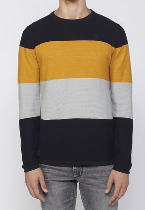 Suéter de punto para hombre, presenta rayas horizontales en azul marino, amarillo y gris, cuello redondo, tela texturizada y puños acanalados.