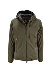 Giacca cappuccio verde oliva con zip frontale, tre tasche con zip e fodera interna nera imbottita.