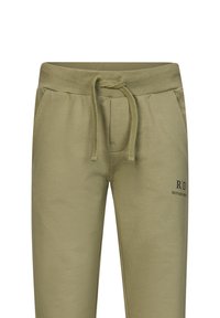 Olivgrüne Sweatpants aus weichem Baumwollstoff. Mit verstellbarem Bund, seitlichen Taschen und bedrucktem Logo am linken Bein.