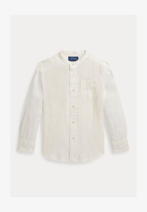 Wit overhemd met lange mouwen en knopen, mandarin kraag, borstzakje en Polo Ralph Lauren-label aan de binnenkant van de achterhals.