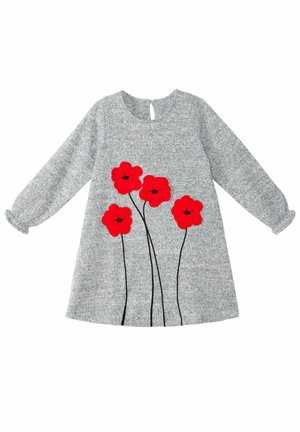 Robe grise à manches longues avec des motifs de fleurs de coquelicot rouges sur le devant et une petite fermeture à bouton dans le dos au niveau de l'encolure.