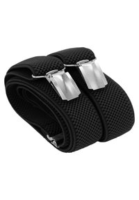 Schwarze elastische Hosenträger mit silbernen Metallclips, strukturiertem Oberflächenfinish und glatten Kanten, ordentlich für die Aufbewahrung aufgerollt.