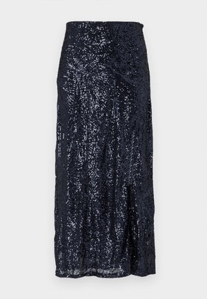 Falda midi de lentejuelas en color marino con una textura suave, que presenta una cinturilla ajustada y un ligero vuelo en el dobladillo. Los diseños crean patrones reflectantes.