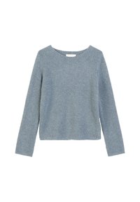 Jasnoniebieski sweter wykonany z teksturowanej tkaniny, z długimi rękawami i szerokim dekoltem. Cechuje się krojem do talii oraz miękkim, puszystym wyglądem.