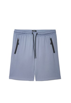 Pantaloncini casual da uomo azzurro chiaro con fascia elastica in vita, coulisse nere e due tasche verticali con cerniera sui lati anteriori.