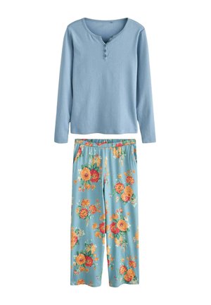 Light blue long-sleeve top with buttons and matching floral-print pants featuring orange and red flowers on a blue background.