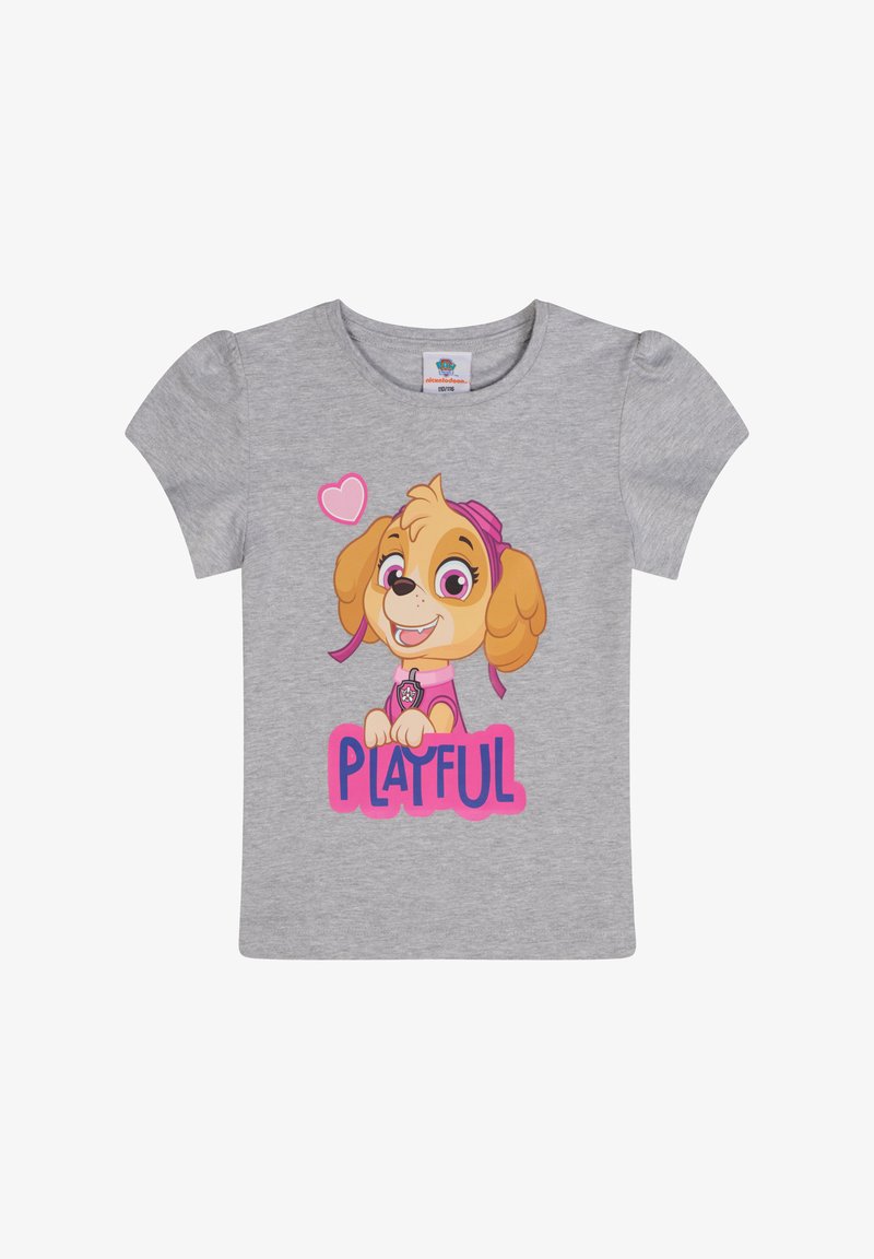 Camiseta gris de manga corta con un perro de dibujos animados que lleva una cinta rosa en la cabeza y el texto "JUGUETÓN" en letras pink negritas, además de una ilustración de un corazón.