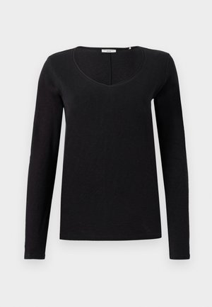 Svart langermet t-skjorte med V-hals-design, laget av mykt stoff med en jevn tekstur. Enkel, klassisk snitt uten utsmykninger.