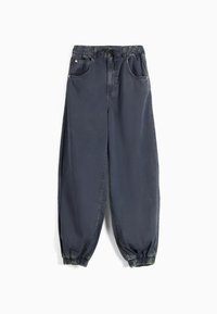 Mörkgrå byxor med elastisk midja och dragsko, som har två framfickor och avsmalnande fållar vid anklarna. Slätt bomullsmaterial.